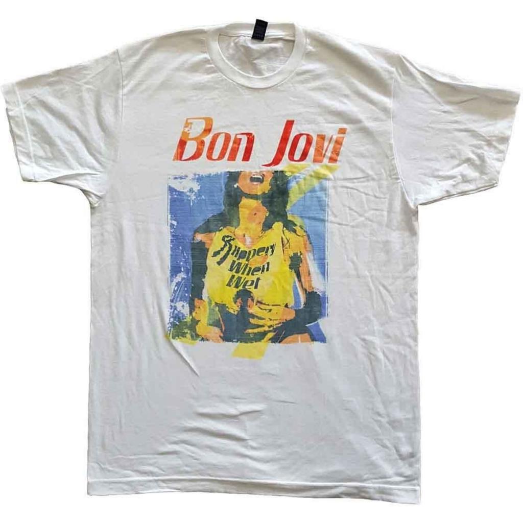 Bon Jovi Slippery When Wet Maglietta Originale Copertina Bianca Nuova Maglietta Unisex