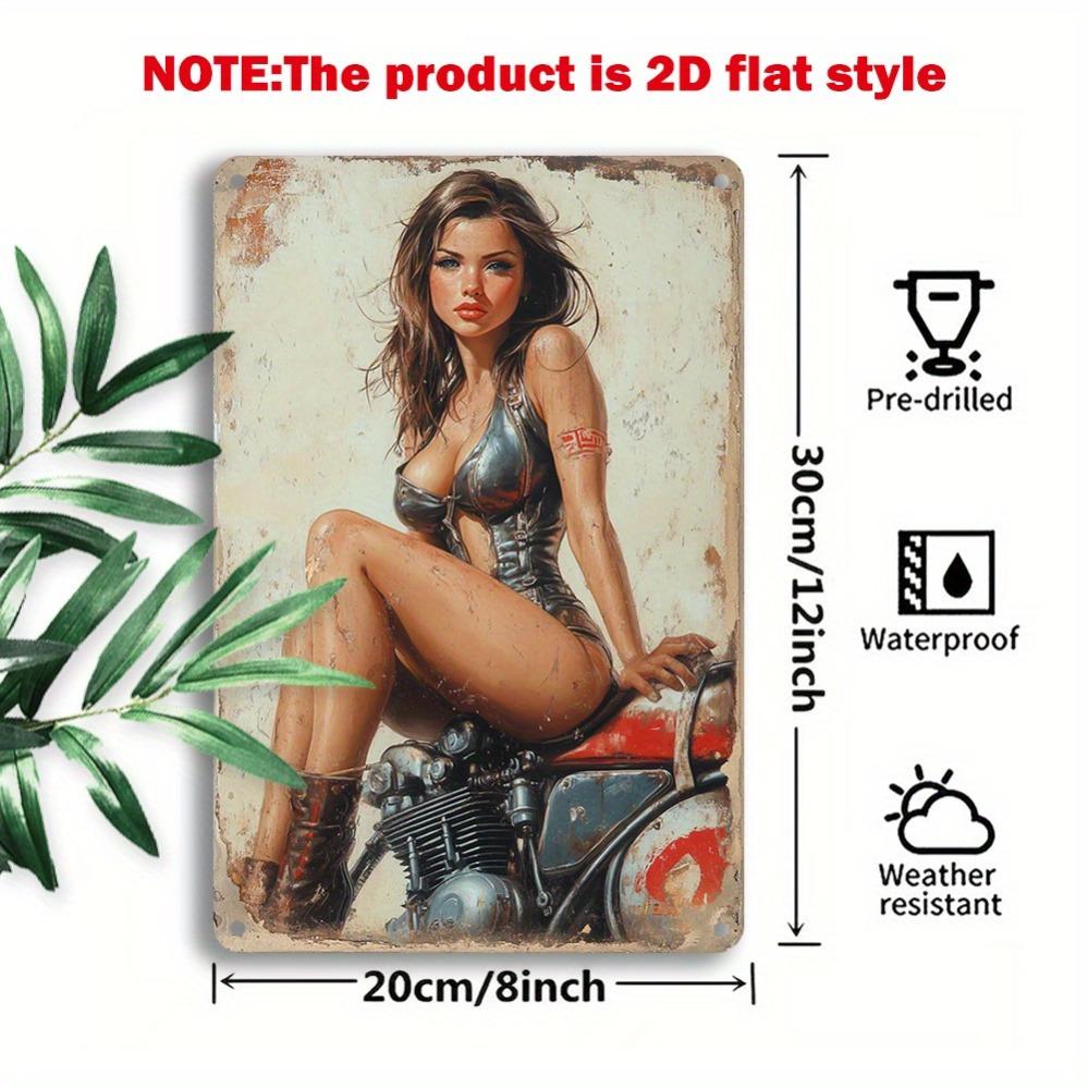Hisun Tin Sign HD Metal Tin Sign Vintage Pin Up Girl on Motorcycle Retro Metal Poster Biker Themed Wall Art Decor for Garage Bar Man Cave Wa