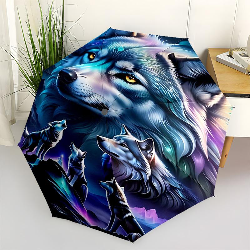 1pc Wolf Pack NightOpen/Close Umbrella-Windproof, Compact Travel Umbrella, Sturdy 8-Rib Shaft, Outdoor Accessory, 1135
