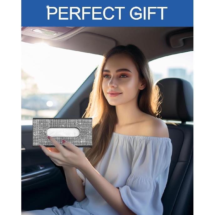 Bling Car Sun Visor Tissue Box Holder,PU Leather With Bling Crystal Rhinestones Tissue Holder,Car Accessories For Women (Black)