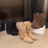 Women's 2025 Autumn Ethnic Lace-up Suede Chelsea Boots with Chunky Heel and Braided Strap