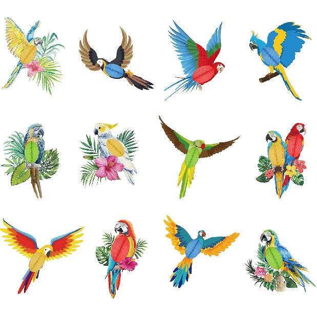 12 Pcs Tropical Birds Honeycomb Hanging Parrot Paper Cutouts Hawaiian Summer Beach Luau Party Hanging Decorations Tiki Bar Party Supplies Safari