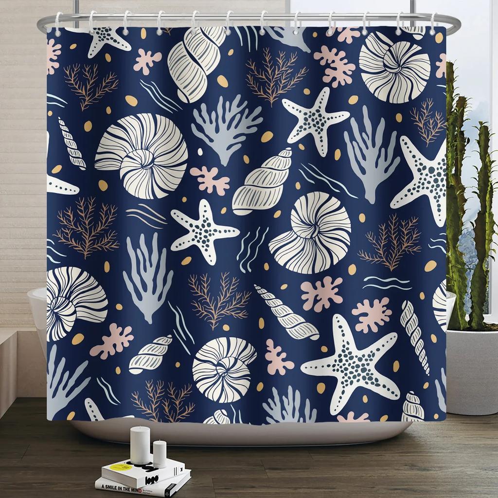 Nautical Coastal Shower Curtain Starfish Coral Seashell Beach Ocean Bathroom Curtain Underwater Marine Waterproof Bath Curtain