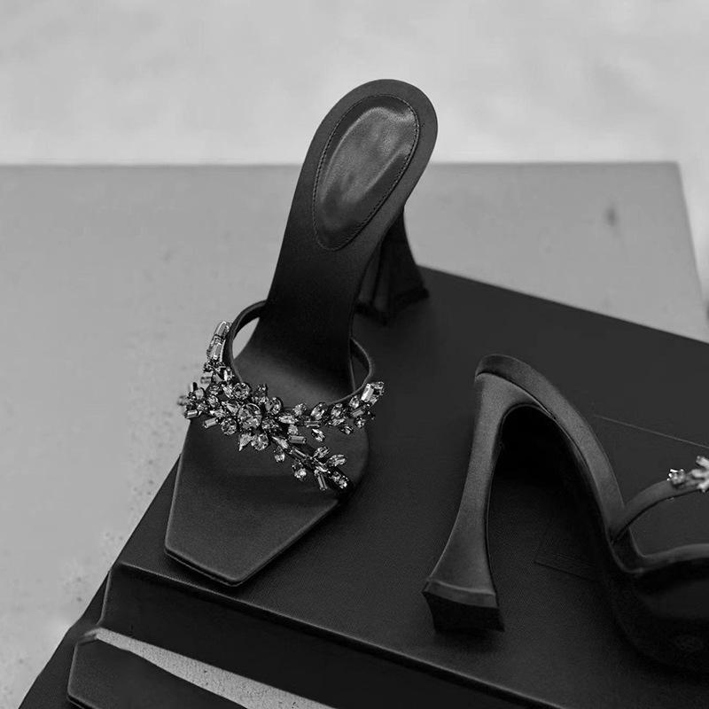 2025 Summer European and American Satin Thin Heel Cross Rhinestone Square Head Open-toed Sandals Women's High-heeled Slippers Fashionable and Sexy