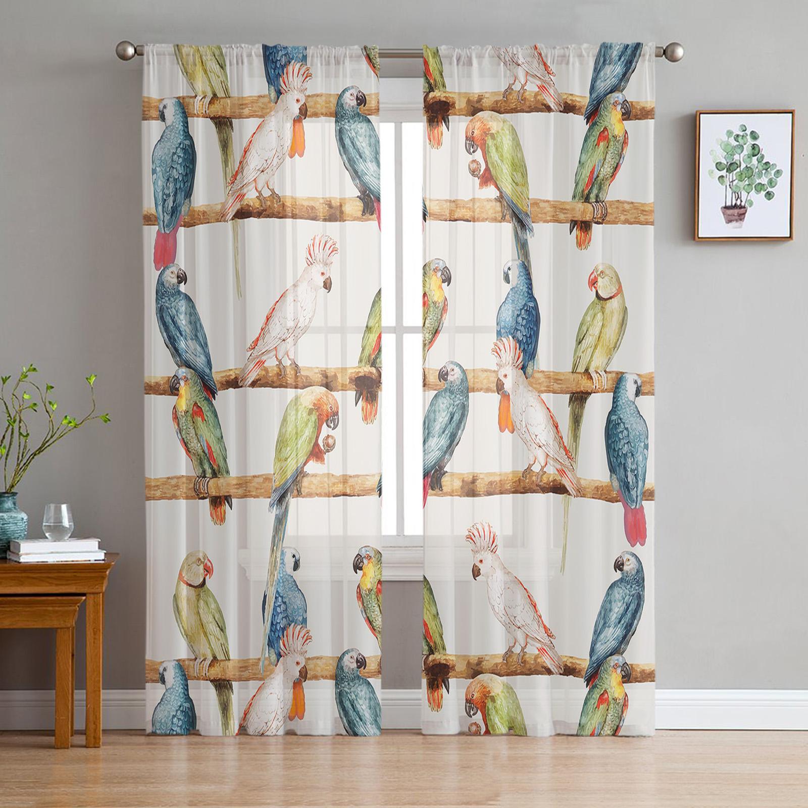 

Bird Parrot Colorful Watercolor Sheer Curtains for Living Room Decoration Window Curtains Kitchen Tulle Voile Organza Curtains (As shown-3617)-W135 x H115cm x1