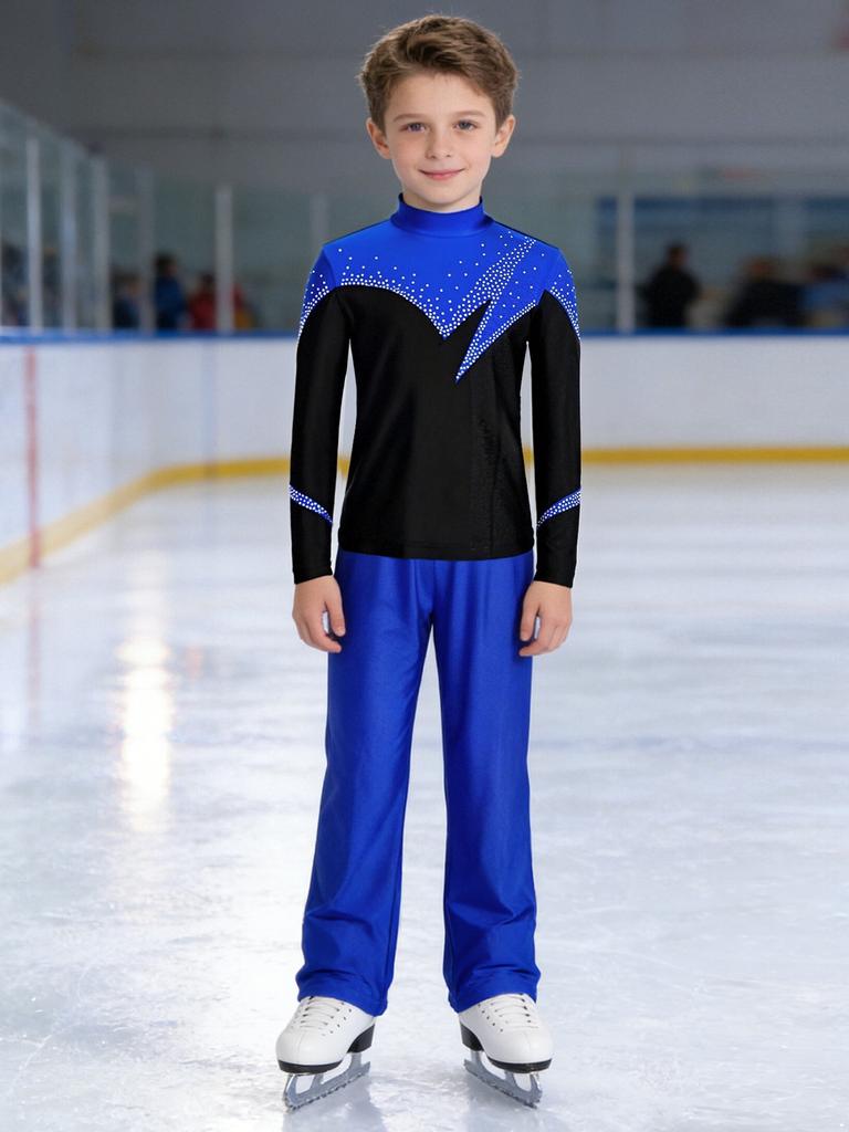 Kids Boys Figure Skating Outfit Mock Neck Long Sleeve Back Invisible Zipper Color Block Shiny Rhinestones Top with Elastic Waistband Pants Competition