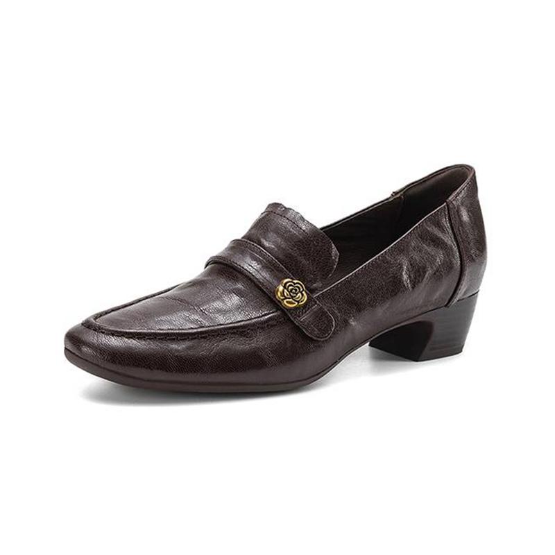 Krazing Pot Sheepskin Round Toe Thick Med Heels Spring Shoes Slip On Big Size 42 Metal Flowers Women Pleated Pumps