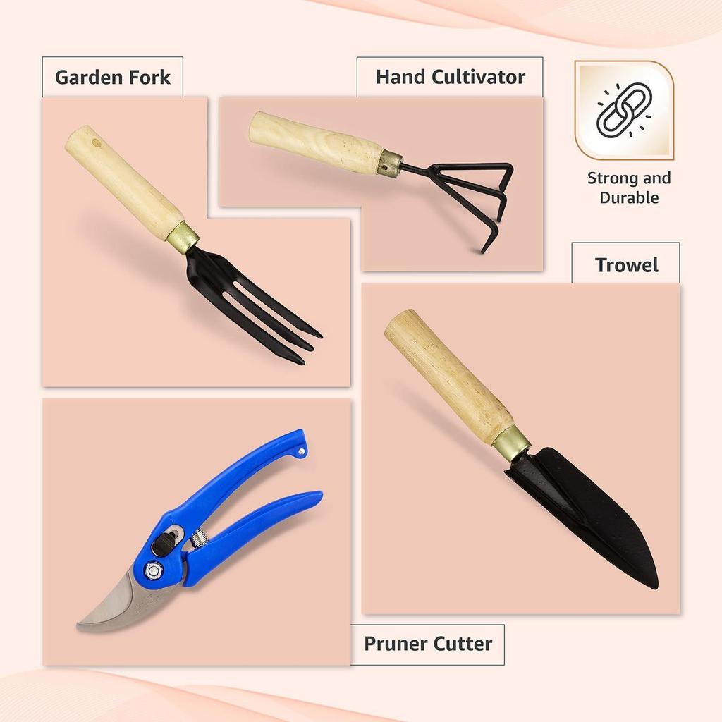 4-Piece Gardening Tool Set | Hand Cultivator, Trowel, Garden Fork, Pruner | Wooden Handle