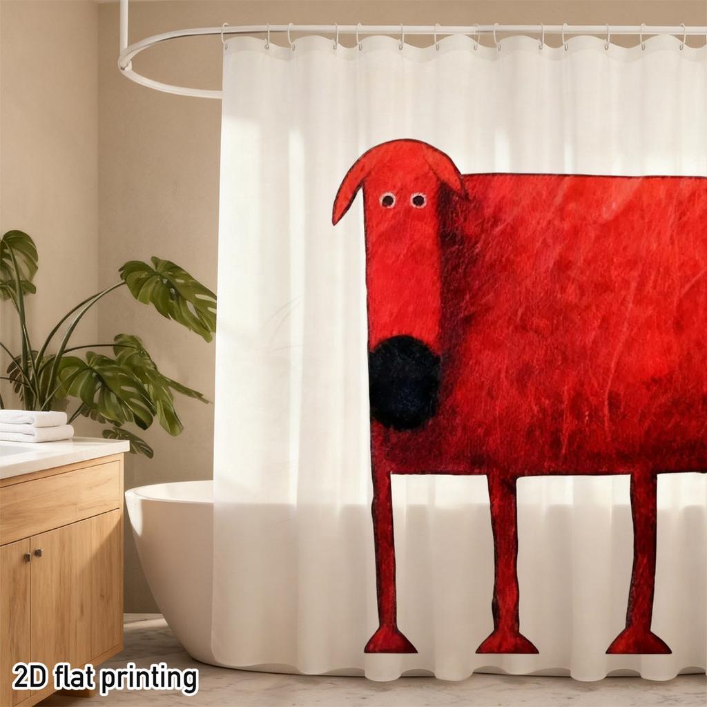 Red Dog Shower Curtain Minimalist Illustration with Textured Red Black Nose, 2D Flat Print, Fade-Resistant Polyester, 12 Hooks
