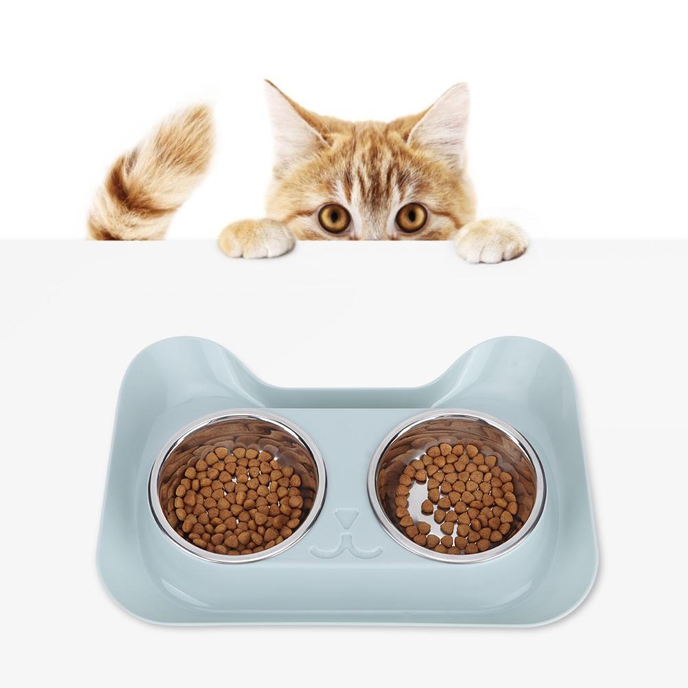 Stainless Steel Pet Cat Double Bowls Feeder Water Food Basin Feeding Supplyblue