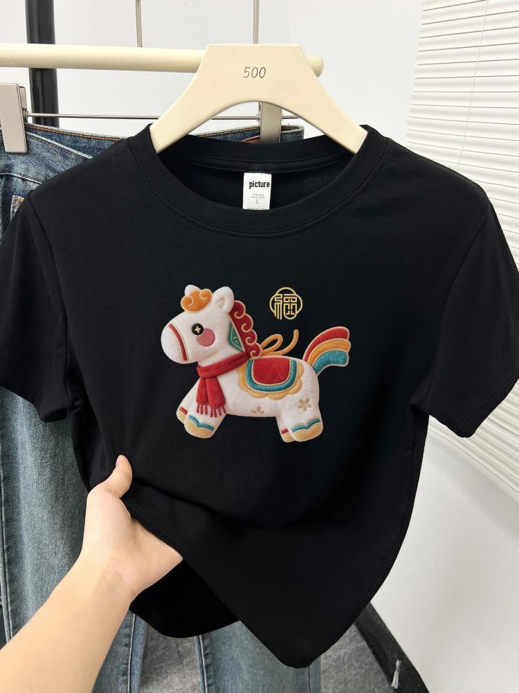 2026 Women's Plus Size T-shirt: Little Horse Print, Round Neck, Short Sleeve, Stylish, Tummy-Covering Design