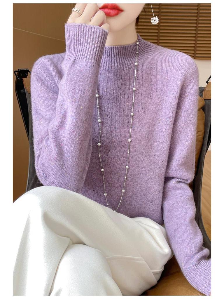 Elegant Advanced Style Seamless Half-High Women's Pullover Sweater In 100% Pure Wool