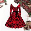 Women Floral Print Midi Dress, Long Sleeve V‑Neck Furry Trim A‑Line Party Dress, Christmas Limited Edition