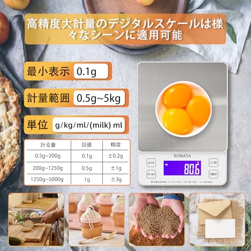BOMATA Digital Kitchen Scale, 0.1g Increments, 5kg Capacity, Full-Field View, Backlit Screen, Gapless Panel, Touch-Sensitive Buttons, Regional Setting