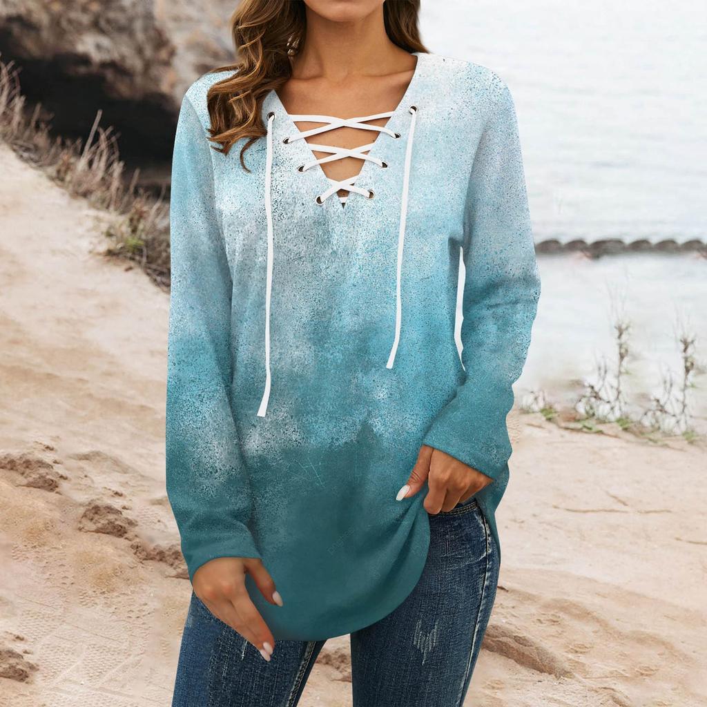 Ladies Atmospheric Fashion Loose Casual Tie Print V-Neck Long Sleeve Top