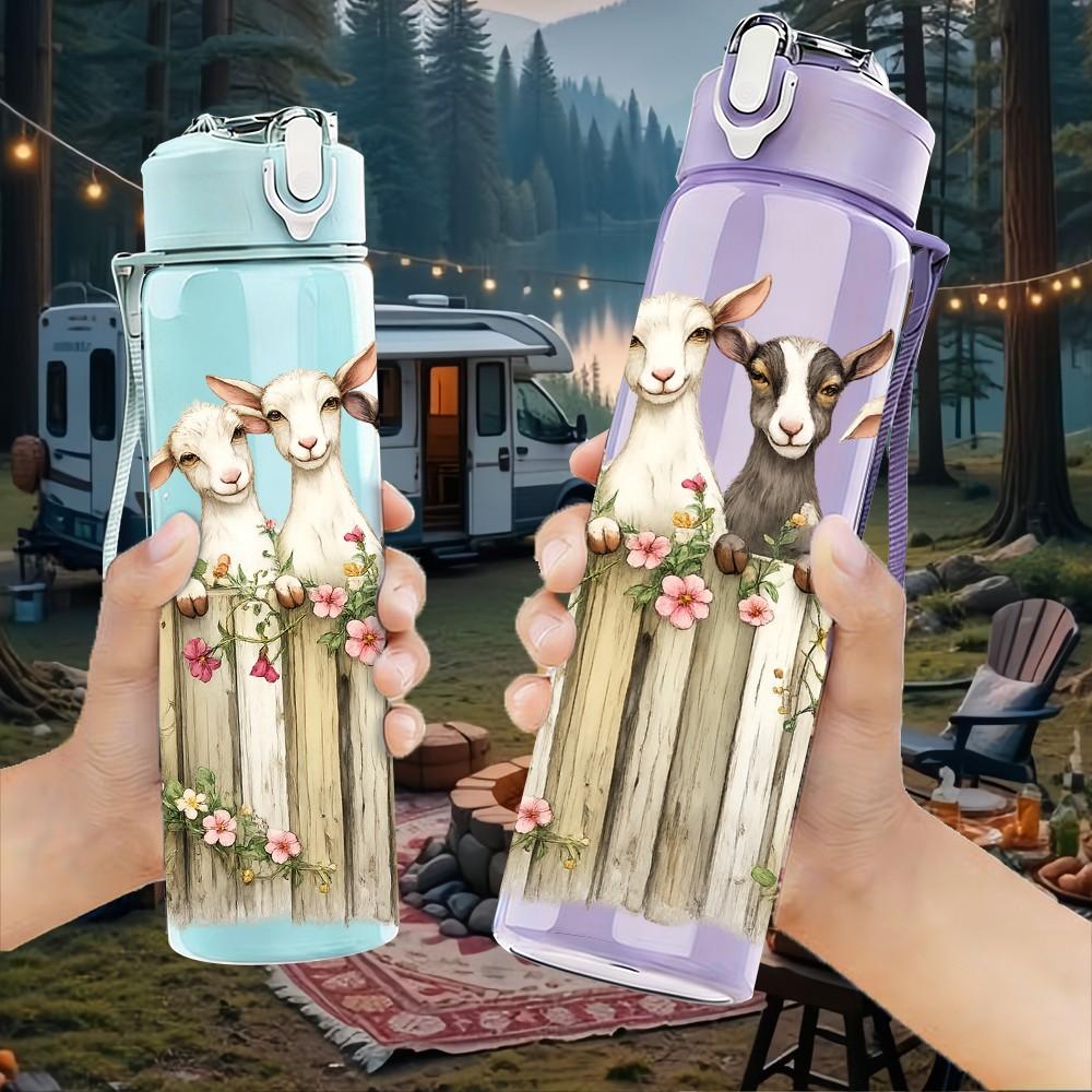 1PC Farm Goat Sheep Wooden Fence Scene Print 750ml Color Plastic Sports Water Bottle Leakproof Flip Straw Lid Suitable for Sports Office Home Use