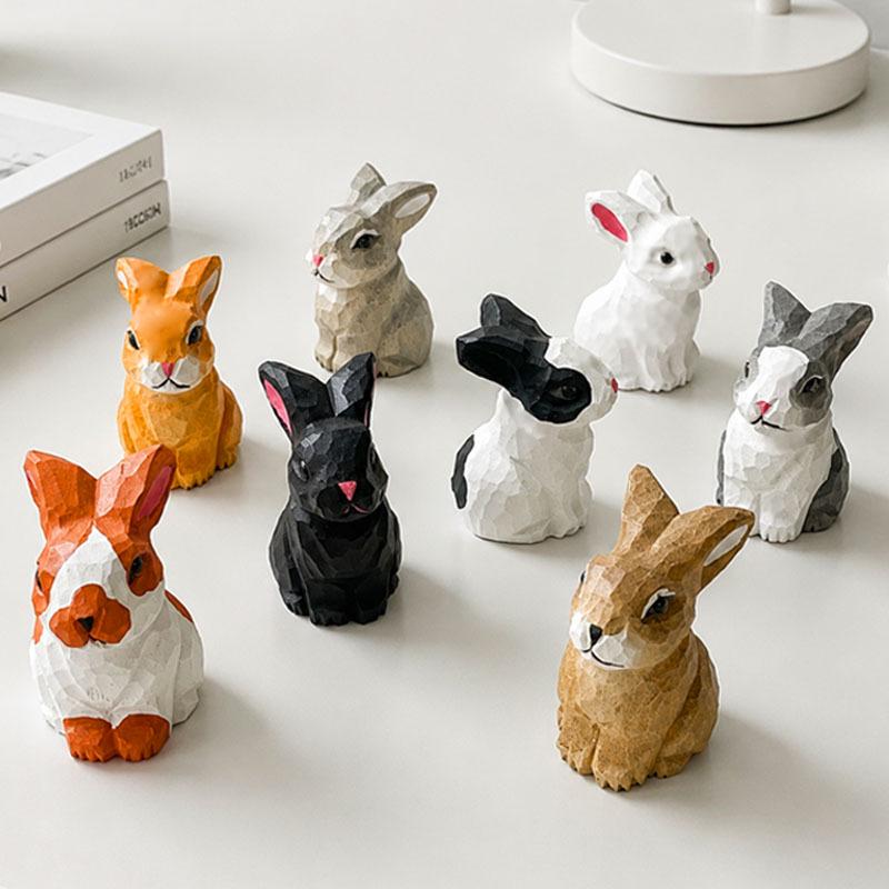 Hand-Carved Wooden Rabbit Ornament - Cute Style for Home or Office Decoration