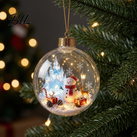Acrylic Christmas Balls Glowing Ball Ornaments, Light-Up with Mini Holiday Scene, Clear LED Winter Scene Ornaments Tree Hanging Decor Warm Light