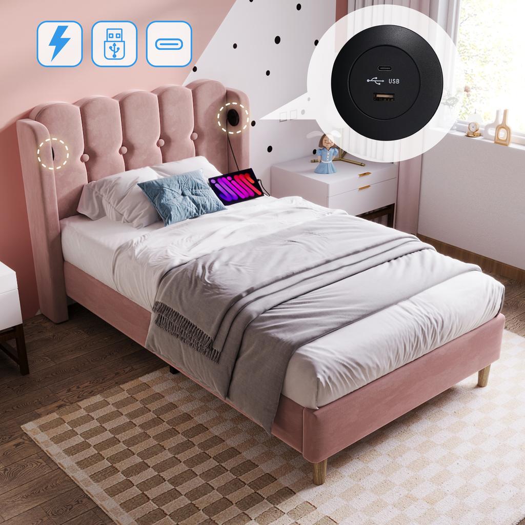 Upholstered Bed Single Bed with USB Type C Charging Function, Bed Frame with Slatted Frame, in Pink, 90 x 200 cm Youth Bed - Velvet (With Mattress)