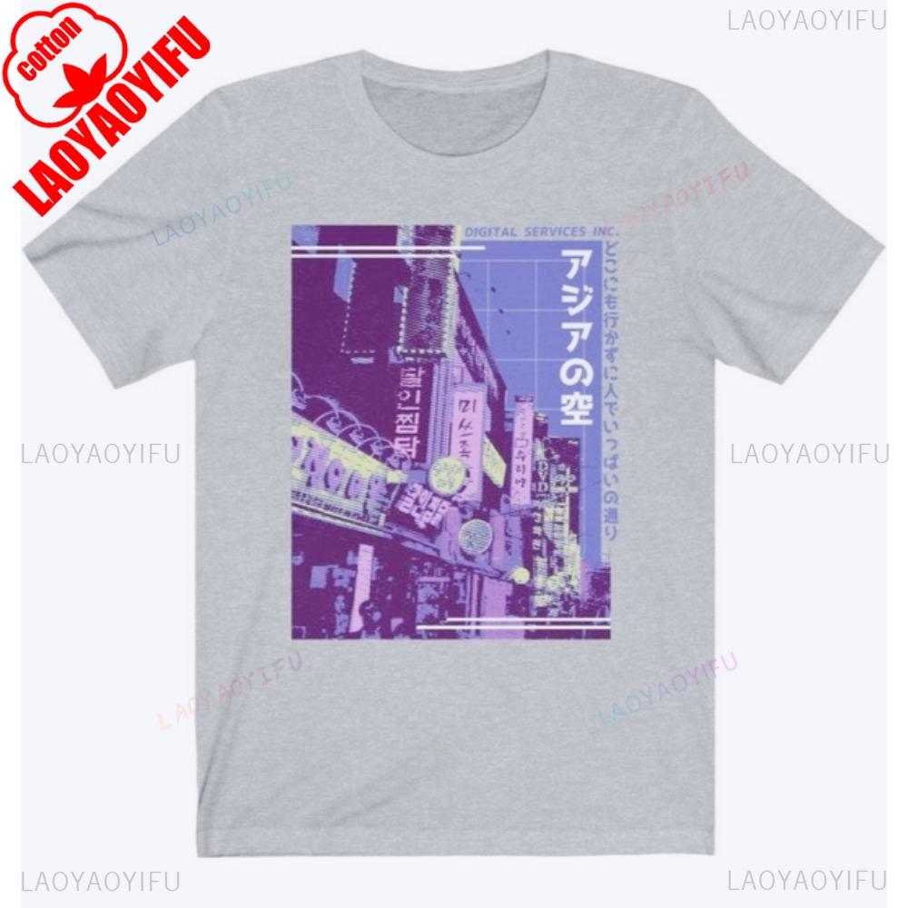 Vaporwave Stadtlandschaft T-Shirt Japanischer Stil Herren Damen Mode Rundhals Baumwolle T-Shirts Y2K Kunst Muster Druck Design Kurzarm