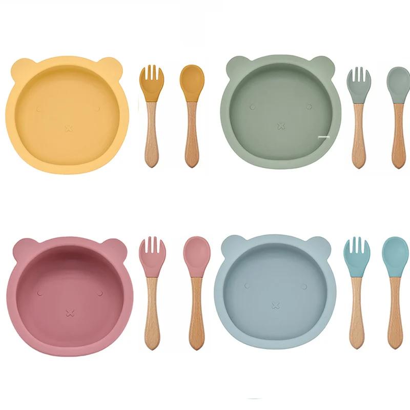 3Pcs/Set Baby Silicone Ventosa Tigela Colher Garfo Conjunto BPA Livre Cabo De Madeira Garfo Colher Alimentação Infantil Antiderrapante Conjunto De Talheres