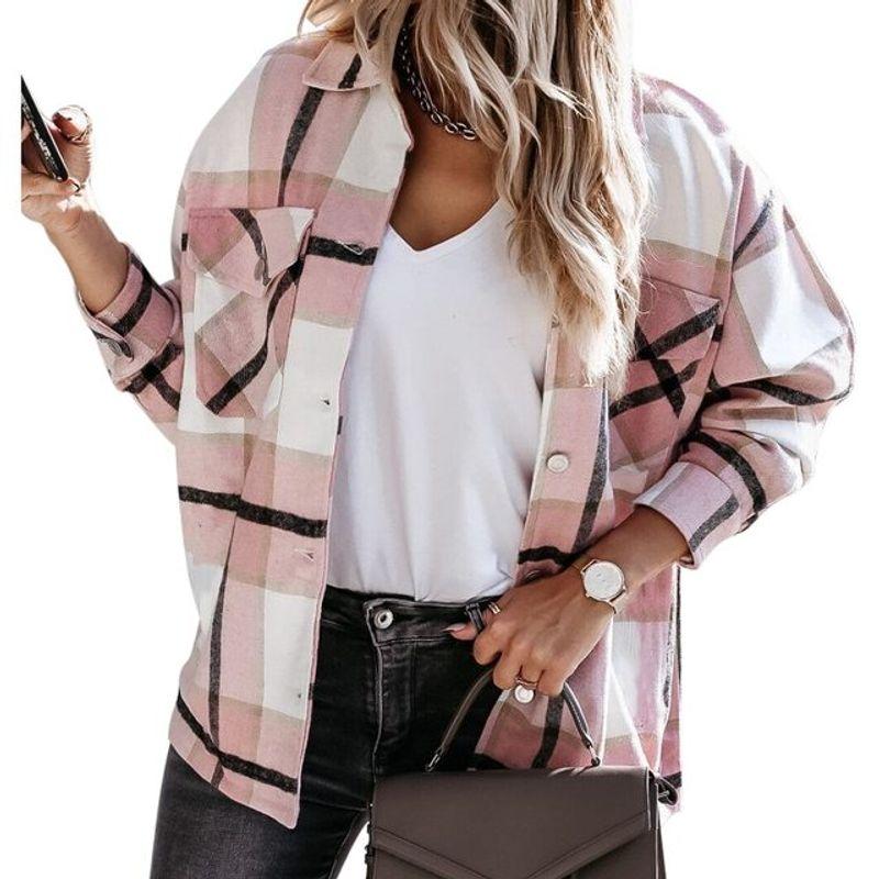 

Long Sleeved Plaid Shirt Jacket for Women Long Sleeves Gingham Shirt Coat Female A- Pink XS
