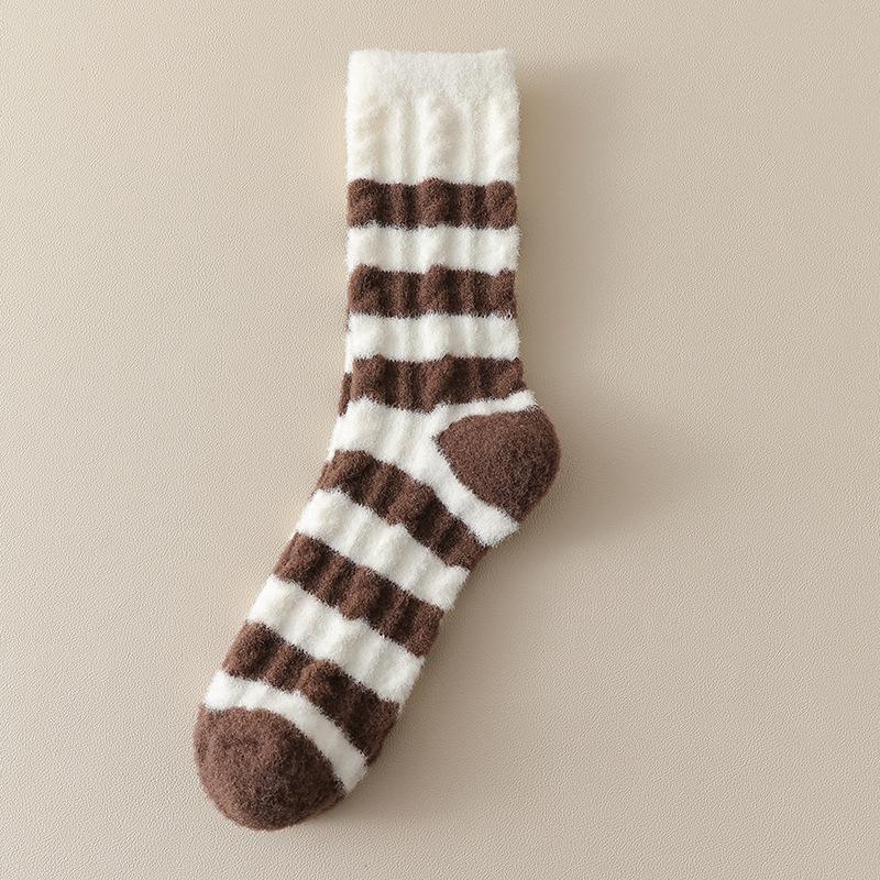 Female Autumn and Winter Thickened Soft Waxy Warm Stripe Home Sleep Tube Socks