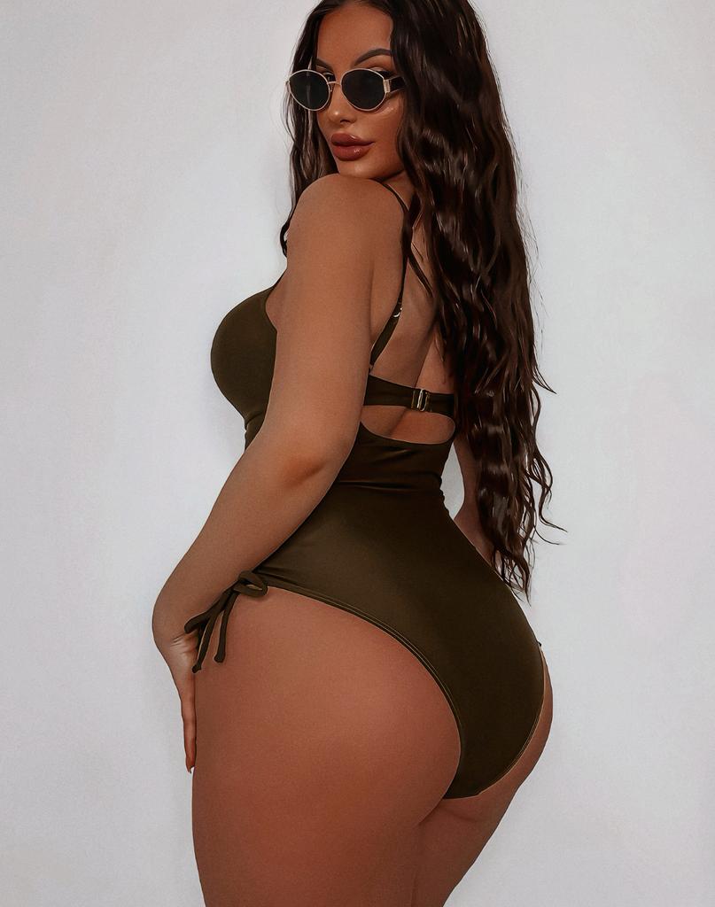 Damen Badeanzüge Sexy Braun Hohl Kordelzug Seitlich Gebunden Einteilige Badeanzüge Bikini Set Strandbekleidung Badeanzüge