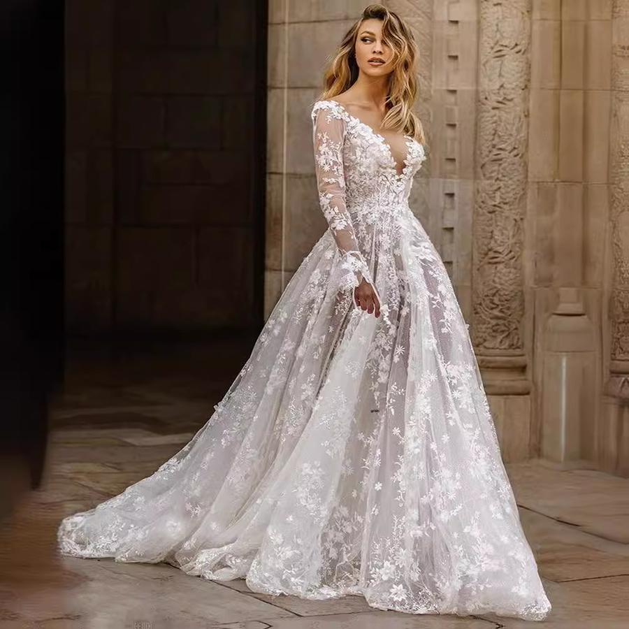 Summer New Wedding Dress Formal Lace Long Sleeve Evening Gown