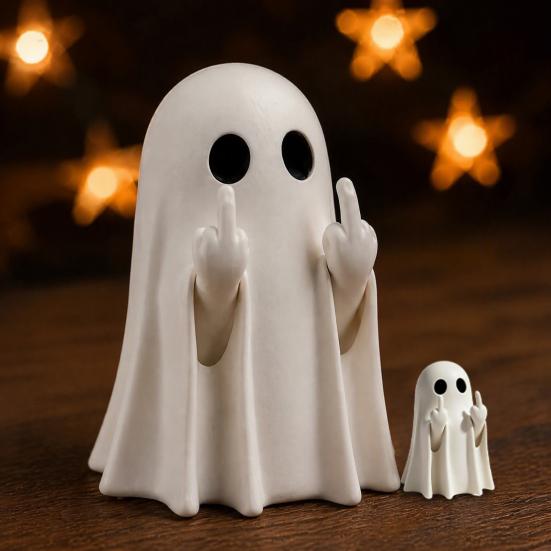 Small Haunted House Props Mini Ghost Flipping Middle Finger Figurines for Halloween Decorations, Miniature Resin Office Shelf Ornaments Statue Tiered