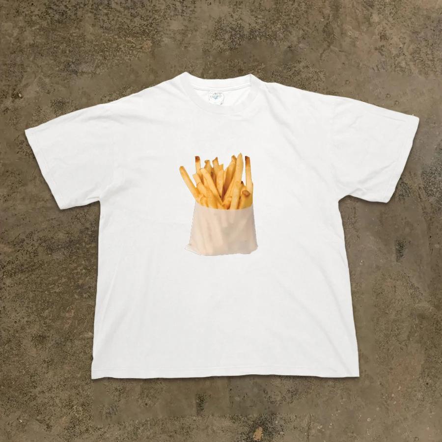Fashion Realistic French Fry Print Vintage Men Clothes Fashion Summer T-Shirts Streetwear 100% Cotton  Print Super Elastic