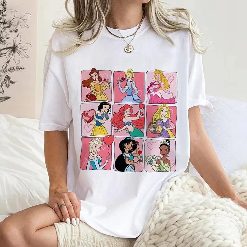 Disney T-shirt Women's Short-sleeved Valentine's Day Princess Print Women Summer Casual T-shirt Short-sleeved Casual Top Holiday