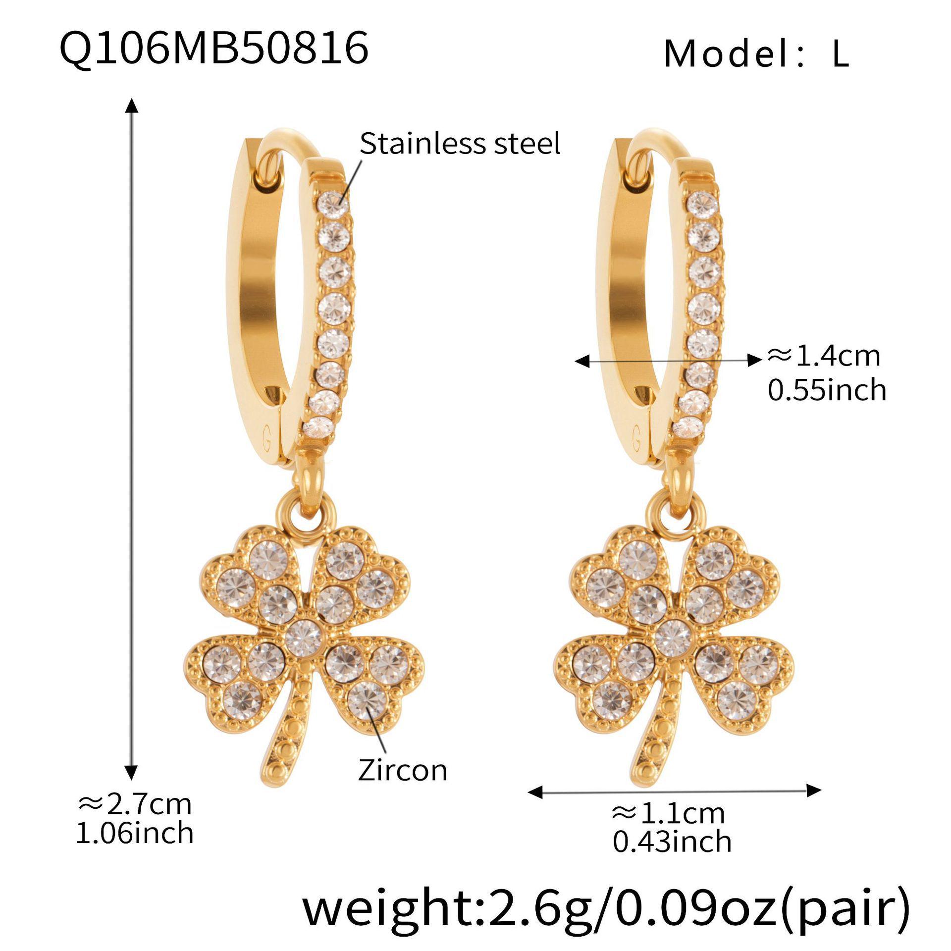 Qiong Yao 5A Zircon Four-Leaf Clover Pendant & Flower Ear Studs Hoops, PVD Gold-Plated Titanium Steel Jewelry.