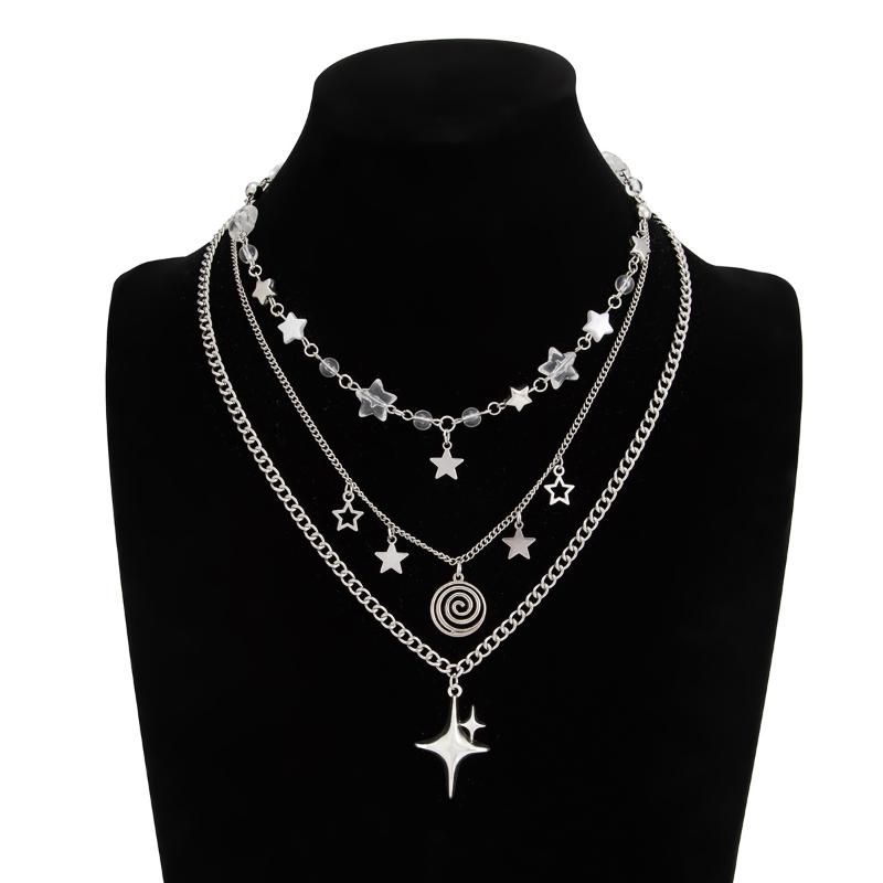 Fashion Metal Star Pendant Necklace For Women Punk Hip Hop Silver Color Multi Layered Pentagram Tassel Necklace Y2K Jewelry Gift