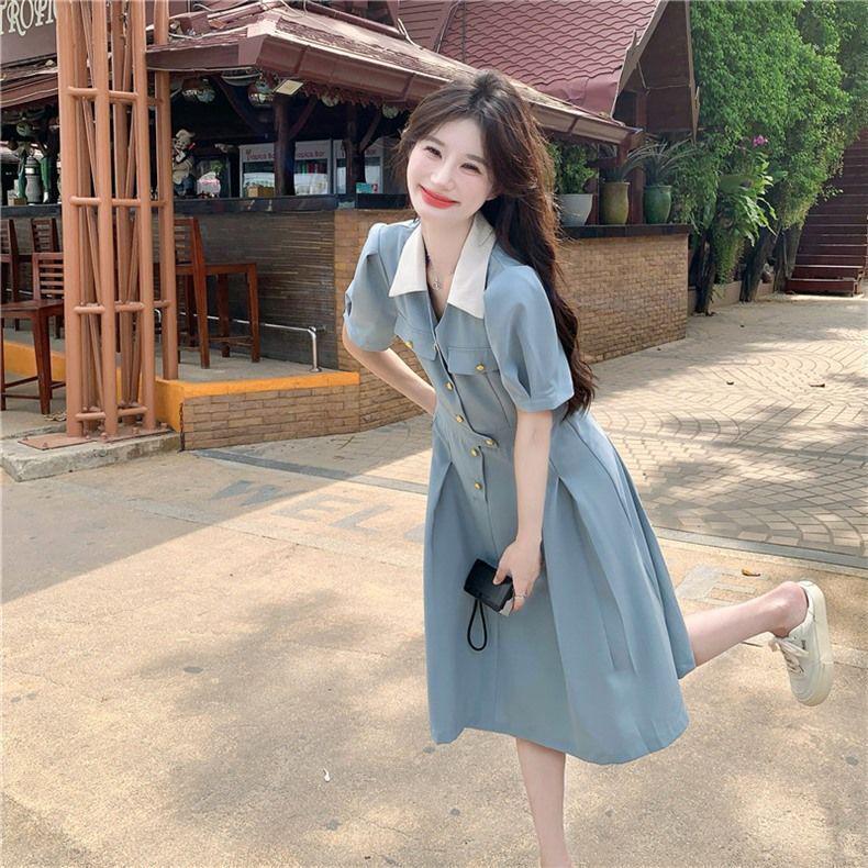 

Waist-Cinched Polo Collar Color Block Slimming Midi Dress - Summer 2026 Collection S (Recommended for 85-95 Jin) серый/синий