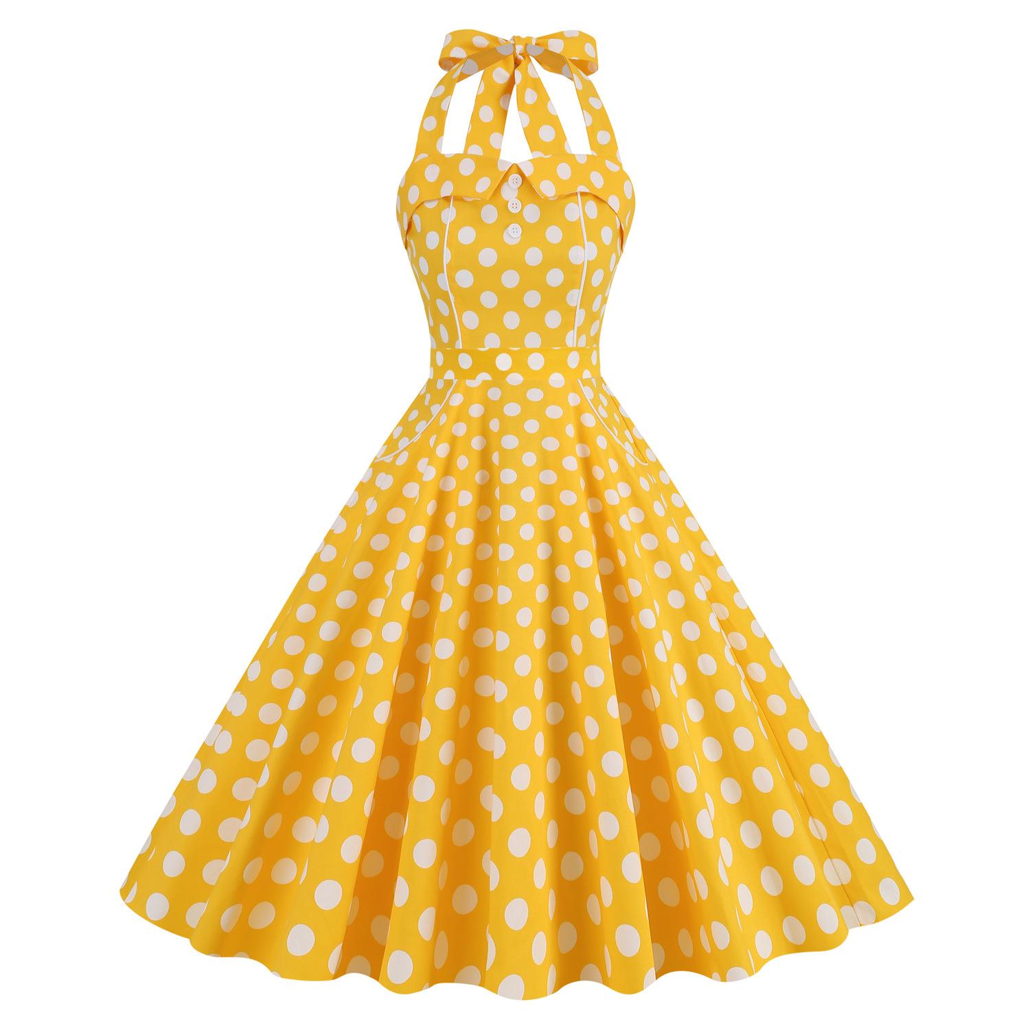 

Retro colour-block polka dot halter-neck performance dress with tie-up detail – perfect for photo shoots, picnics and special occasions S