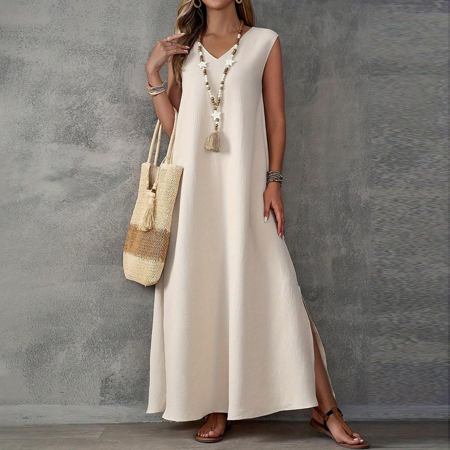 Summer Women's Dress Sleeveless V-Neck Split Skirt Elegant Maxi Dress