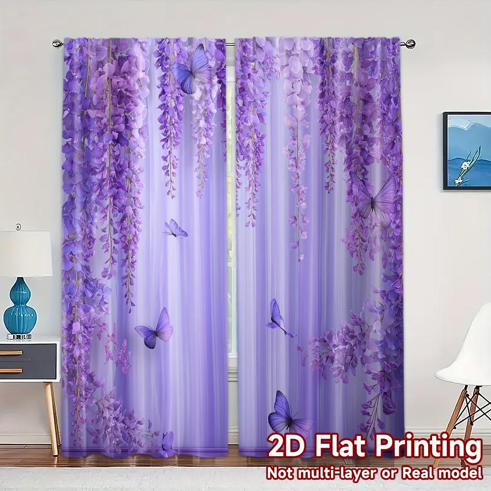 

Set Of 2 Flat Printing Jit Curtains Without Rod Butterfly Veil Pattern Polyester Gifts Modern Made W100*H70(CM)-Hooks&1PCS