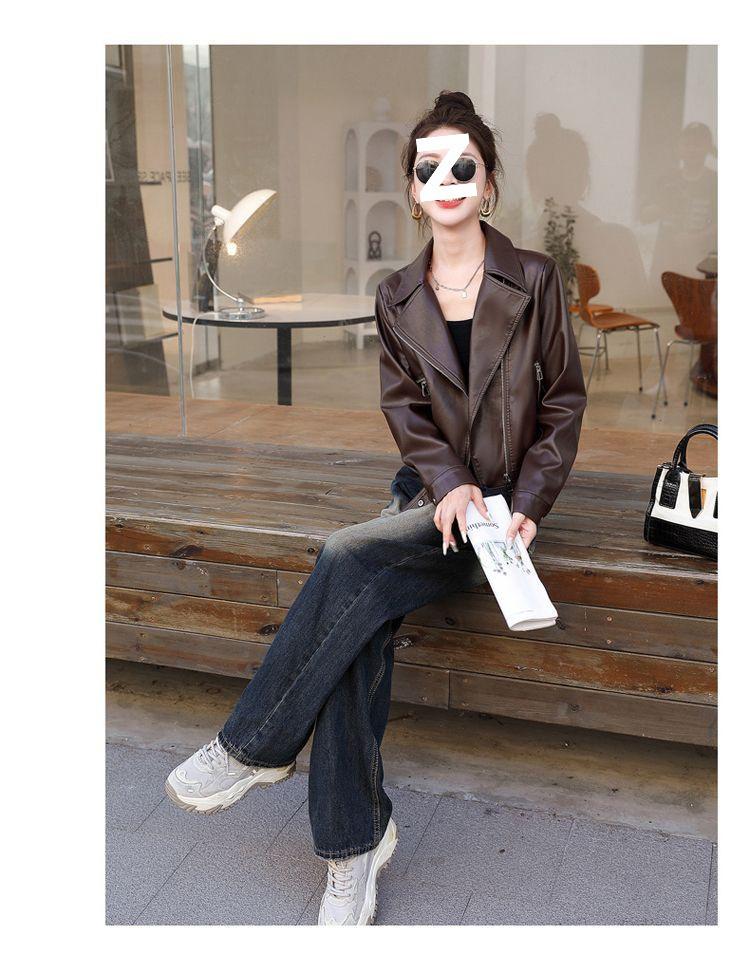 2025 Women's Petite PU Leather Short Motorcycle Jacket, Spring/Autumn Casual Style with Suit Collar.
