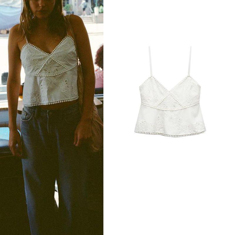 Spring New Women's Casual White Suspender Vest Embroider Poplin Short Tube Top Tops 7200041