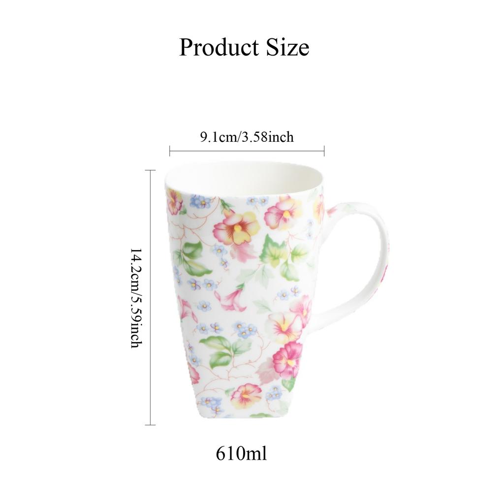 Bone China Floral Mug 610ml Large Capacity Tall Coffee Cup for Home Office Gift
