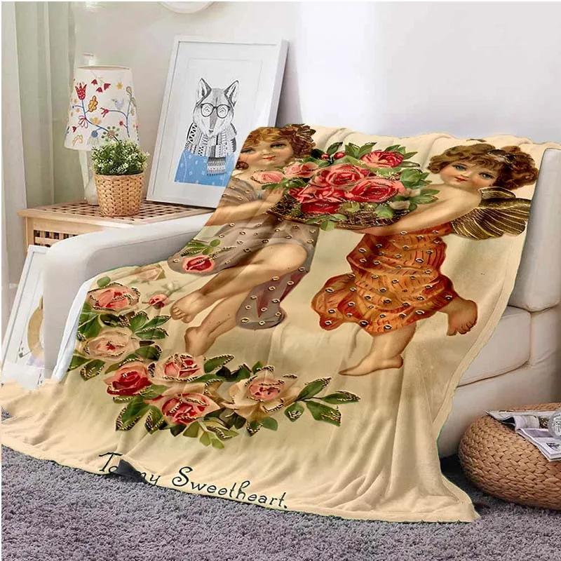 Cartoon Little Angel Pattern Printed Blanket for Travel Camping Living Room Office Conditioning Blanket for All Seasons Gifts