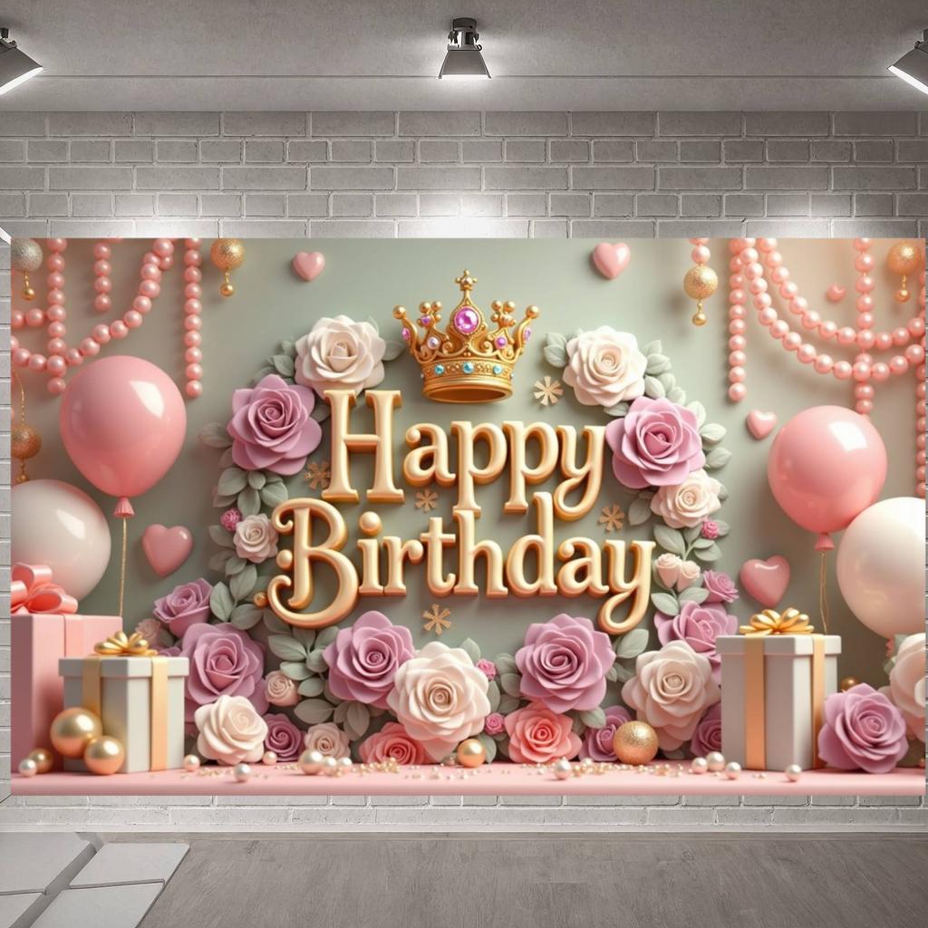 Rose Birthday Banner Gold Crown Celebration Backdrop Princess Birthday Background Golden Lettering Birthday Celebration Display