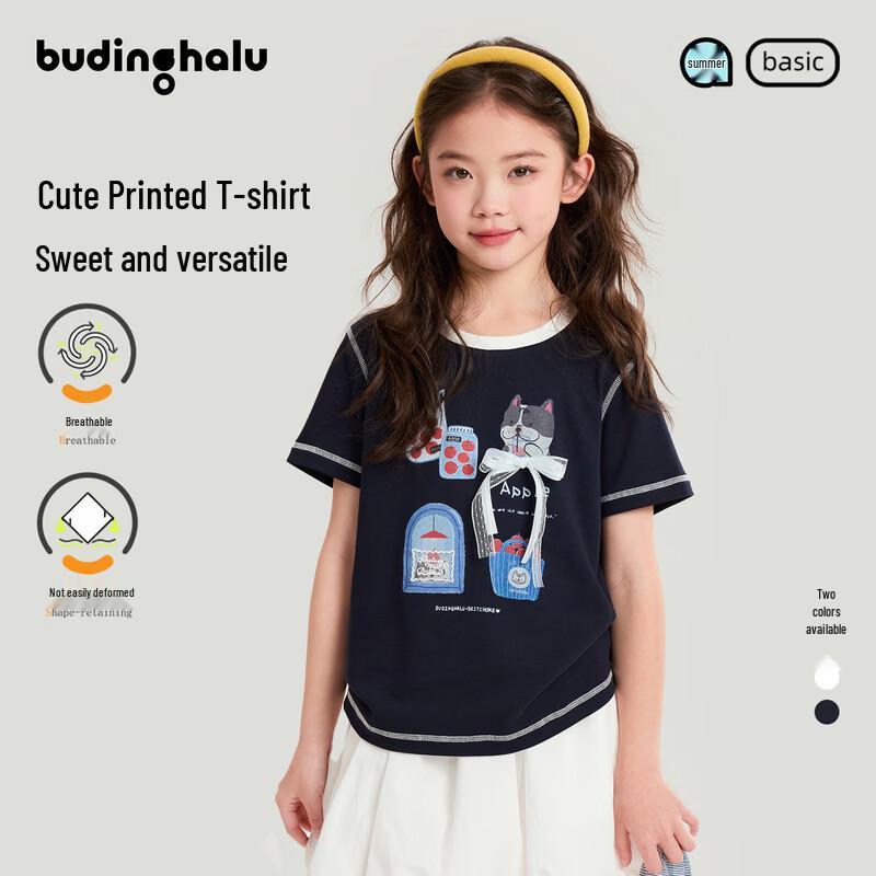 Puddingharu Girls  Lace Bowknot Cartoon Print Short-Sleeve T-Shirt 160