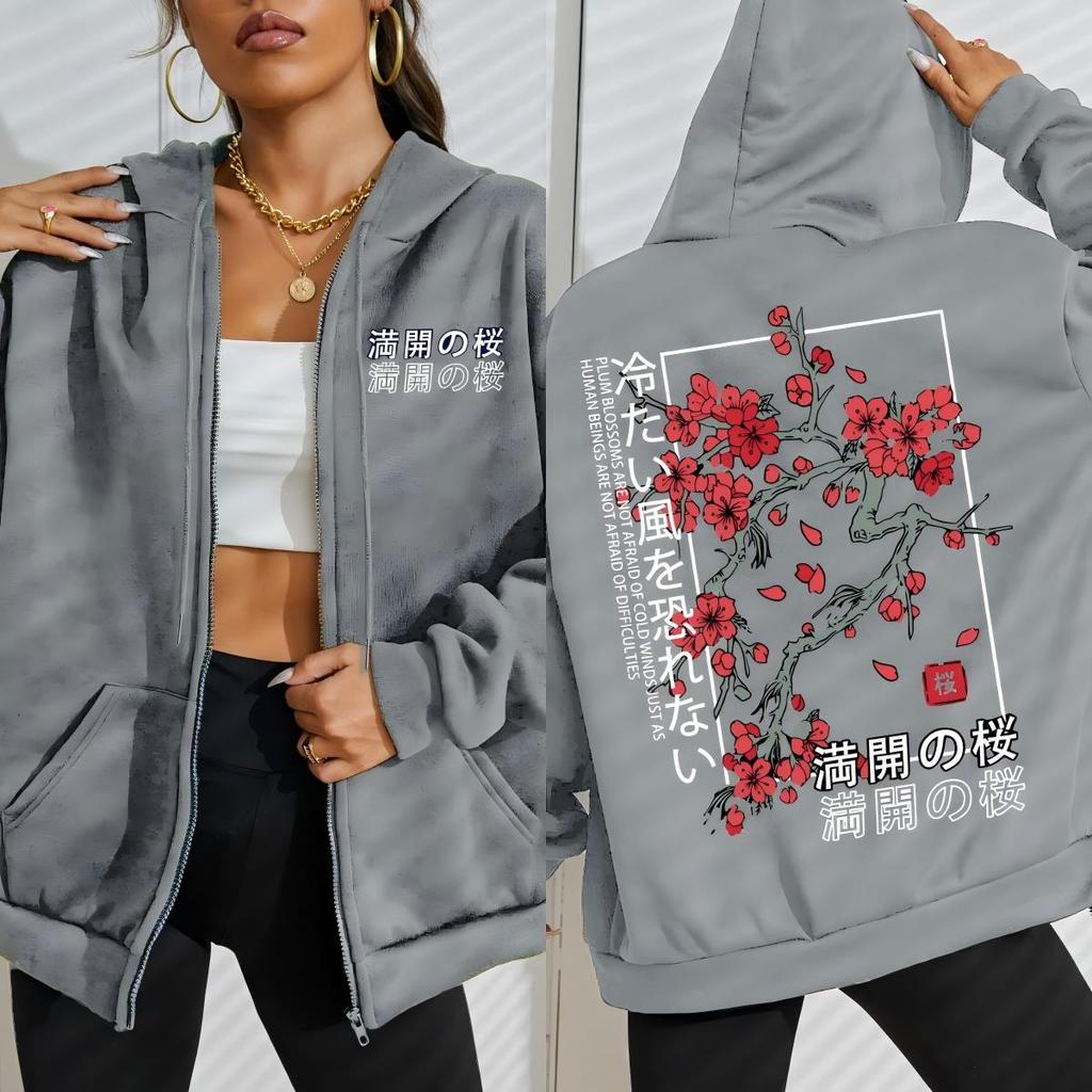 Japan Tokyo Beautiful Cherry Blossom Creative Letter Prints Zipper Hoodies Women Autumn Streetwear Fleece Hoody