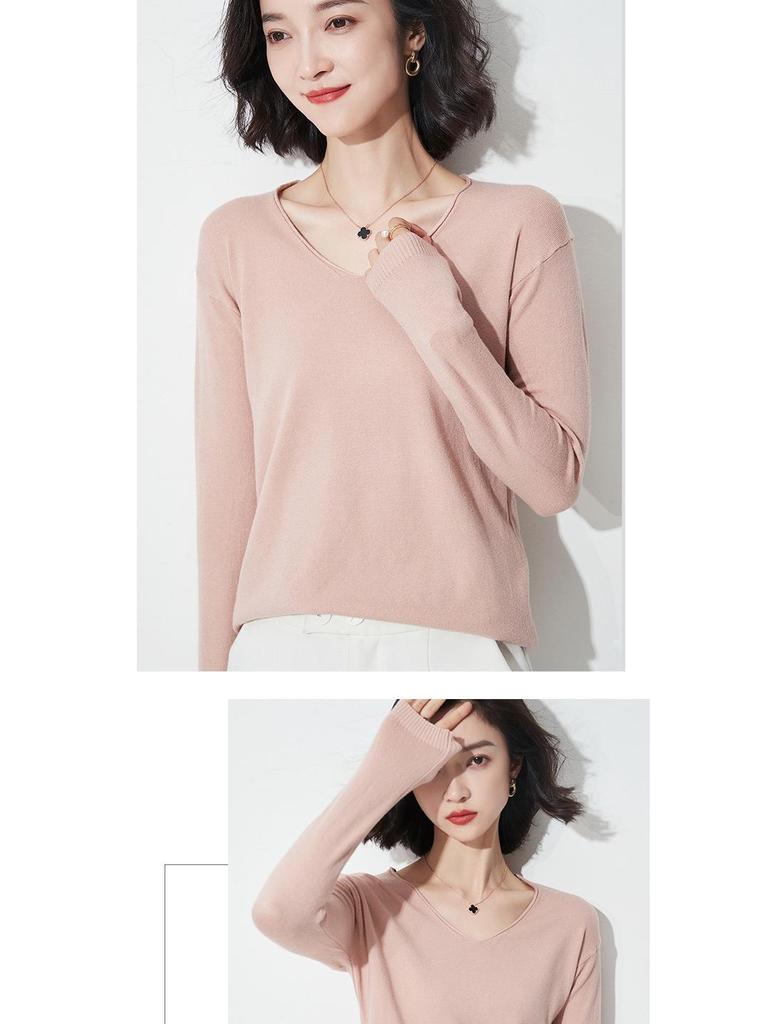 Autumn/Winter Women's Wool Sweater: Round & V-Neck, Rolled Edge, Long Sleeve, Thin Knit Top