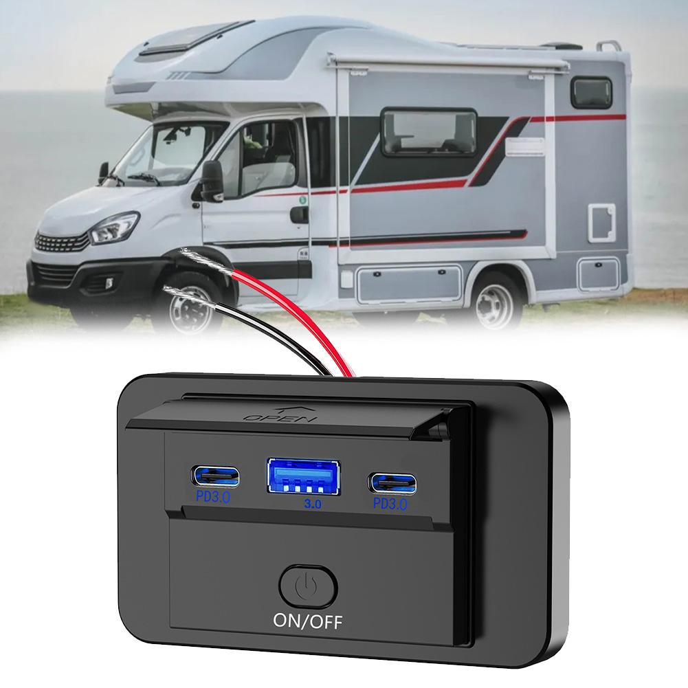 12-24V USB Car Charging Socket Dual PD + USB 3.0 Carregador rápido Socket Panel para carro Motocicleta RV Truck Acessórios