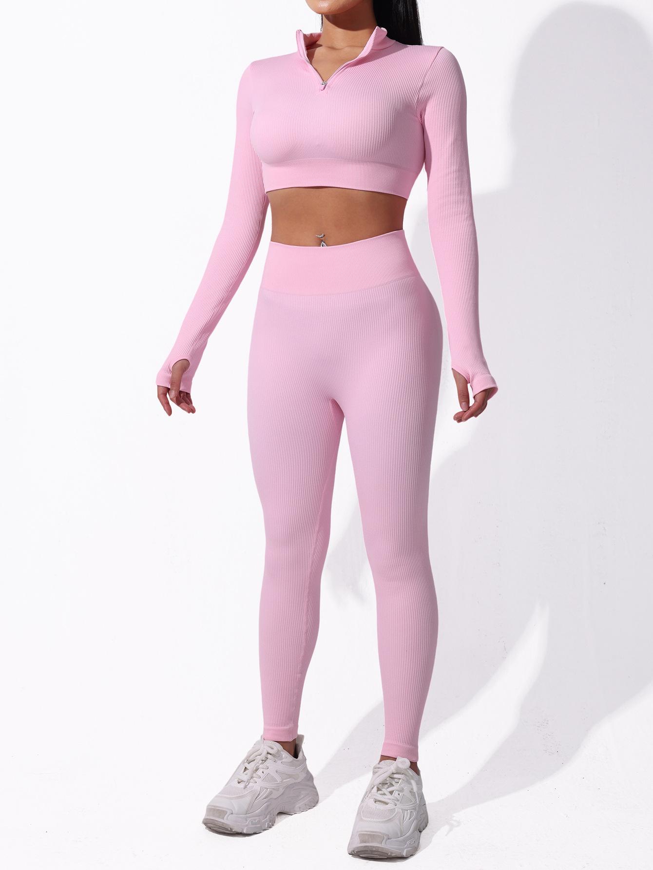 

Женский рубчатый костюм для йоги: Пуловер с полумолнией и отверстием для большого пальца и комплект тайтсов для бега Large розовый