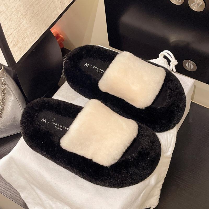Thick-soled outer wear fluffy slippers women's autumn new one-word home plush slippers open-toed cotton slippers