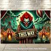 2D Flat, 1 Piece of Scary, Terrifying Clown Carnival Background Fabric, with Pennywise Style Clown and "It" Theme Design